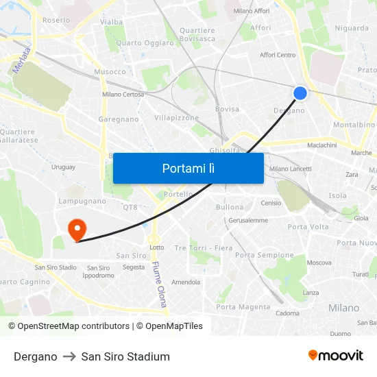 Dergano to San Siro Stadium map