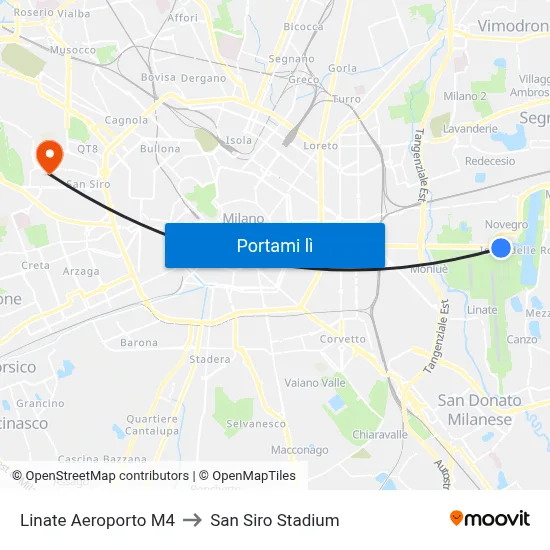 Linate Aeroporto M4 to San Siro Stadium map