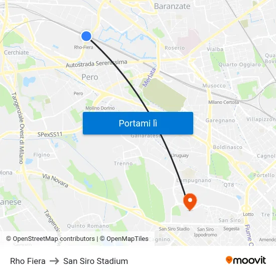Rho Fiera to San Siro Stadium map