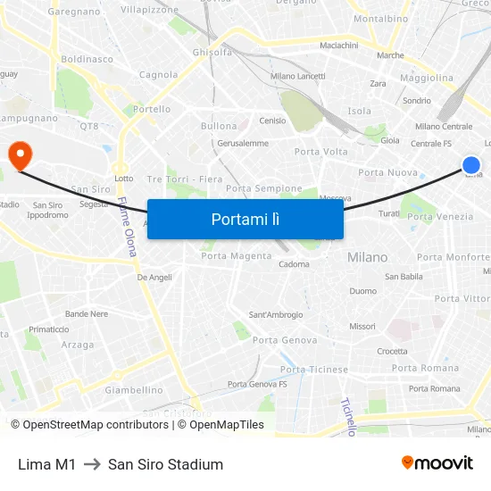 Lima M1 to San Siro Stadium map