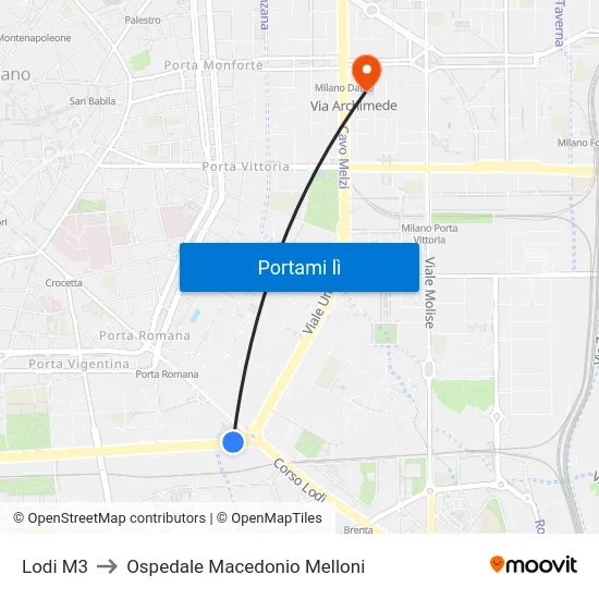 Lodi M3 to Ospedale Macedonio Melloni map