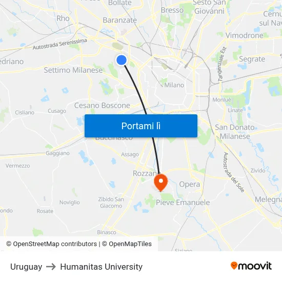 Uruguay to Humanitas University map