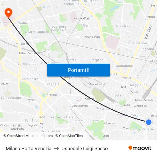 Milano Porta Venezia to Ospedale Luigi Sacco map