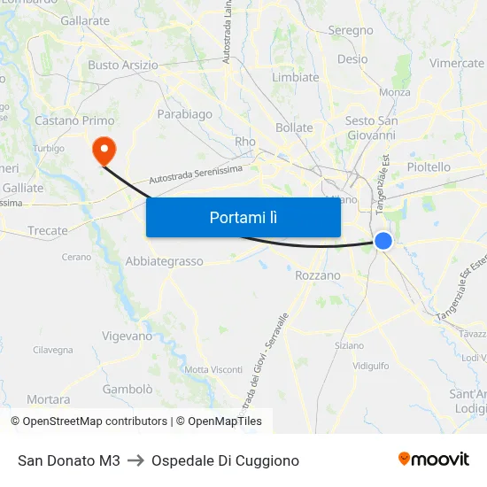 San Donato M3 to Ospedale Di Cuggiono map