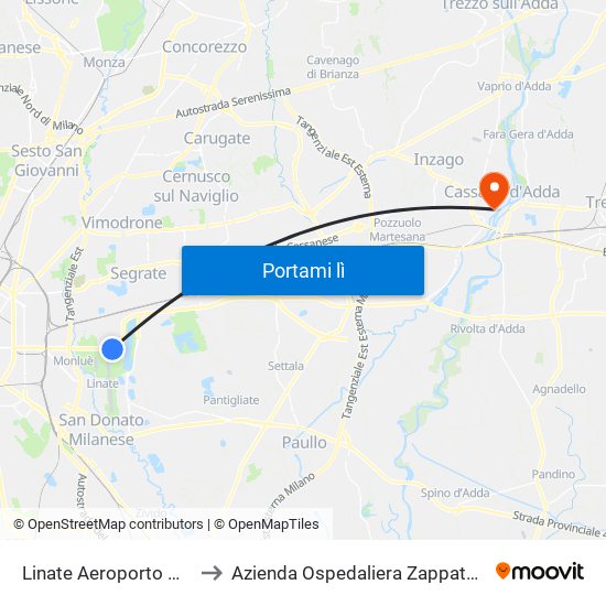 Linate Aeroporto M4 to Azienda Ospedaliera Zappatoni map