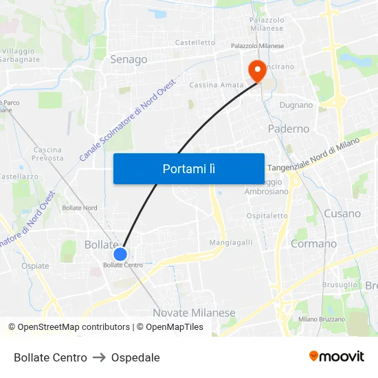 Bollate Centro to Ospedale map