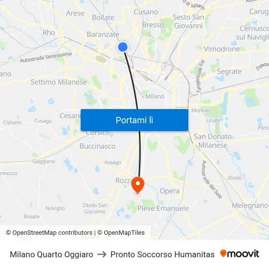 Milano Quarto Oggiaro to Pronto Soccorso Humanitas map