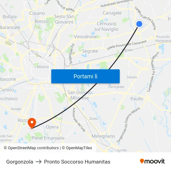 Gorgonzola to Pronto Soccorso Humanitas map