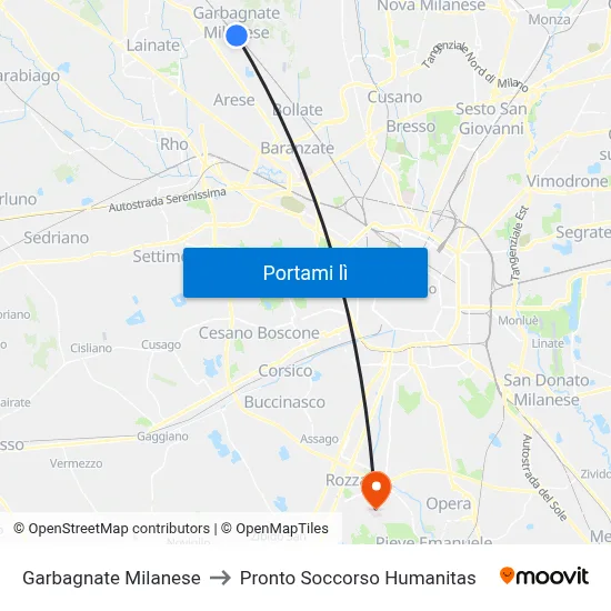 Garbagnate Milanese to Pronto Soccorso Humanitas map