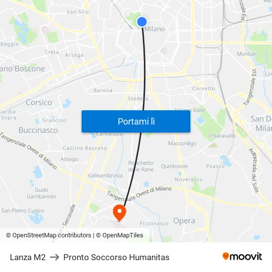Lanza M2 to Pronto Soccorso Humanitas map
