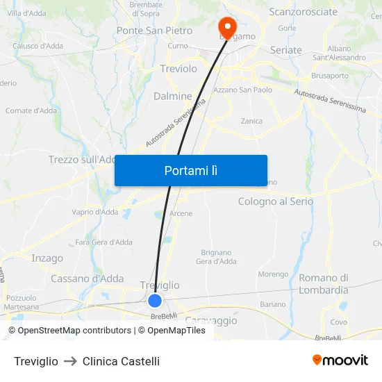 Treviglio to Clinica Castelli map