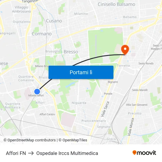 Affori FN to Ospedale Irccs Multimedica map