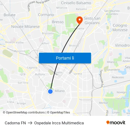 Cadorna FN to Ospedale Irccs Multimedica map