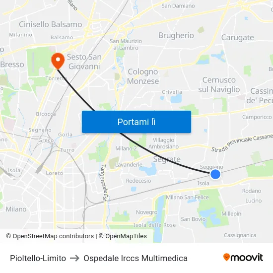 Pioltello-Limito to Ospedale Irccs Multimedica map