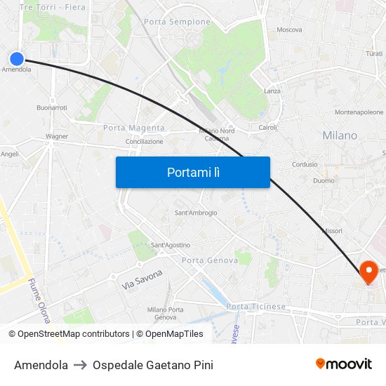 Amendola to Ospedale Gaetano Pini map