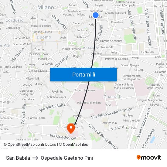 San Babila to Ospedale Gaetano Pini map