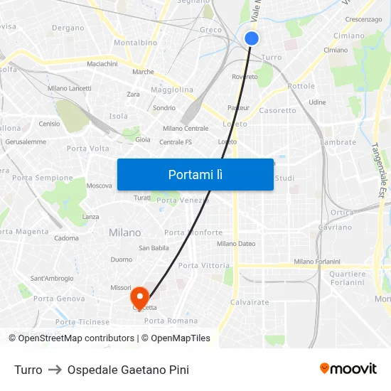 Turro to Ospedale Gaetano Pini map