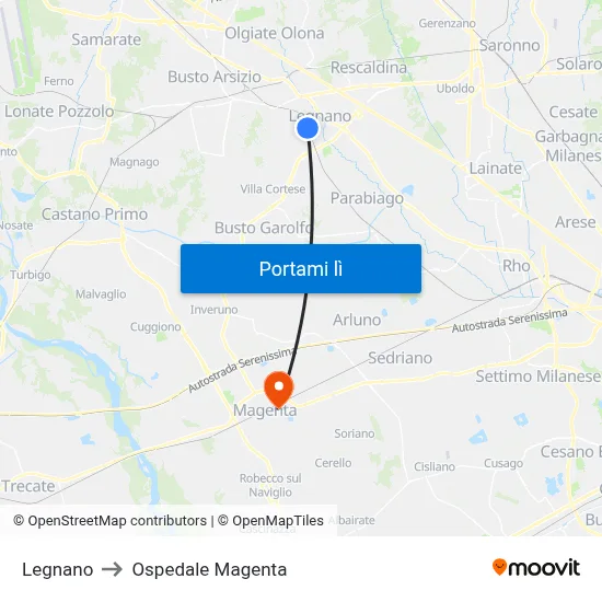 Legnano to Ospedale Magenta map