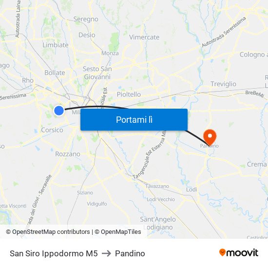 San Siro Ippodormo M5 to Pandino map