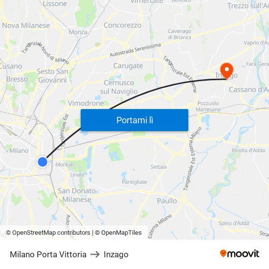 Milano Porta Vittoria to Inzago map