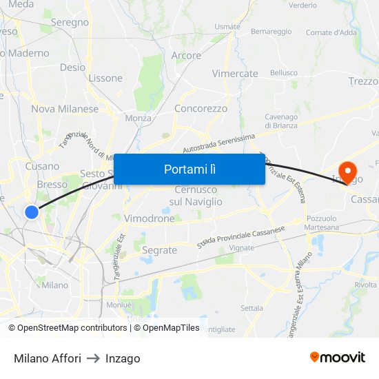 Milano Affori to Inzago map