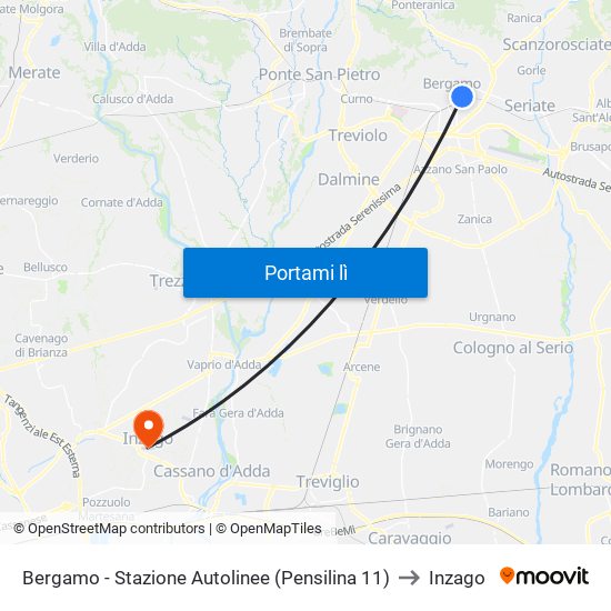 Bergamo - Stazione Autolinee (Pensilina 11) to Inzago map