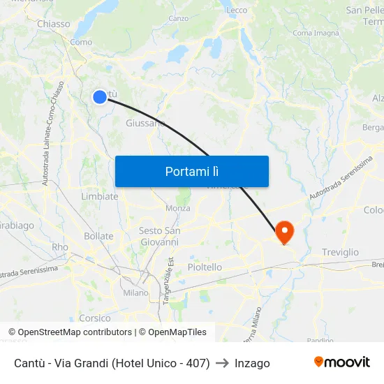 Cantù - Via Grandi (Hotel Unico - 407) to Inzago map