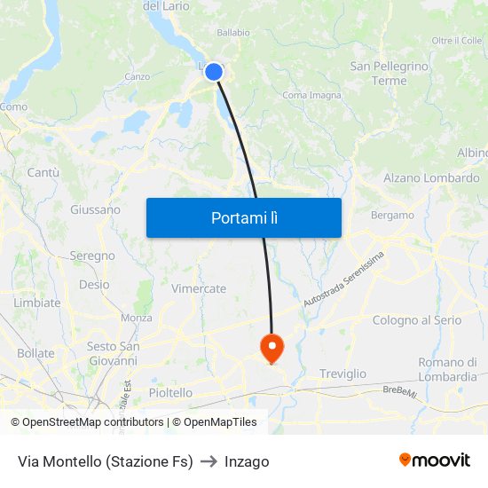 Via Montello (Stazione Fs) to Inzago map