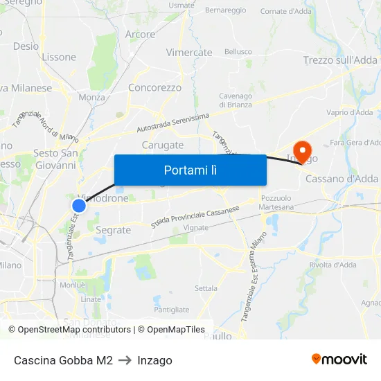 Cascina Gobba M2 to Inzago map