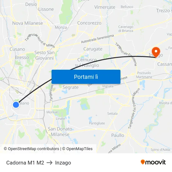Cadorna M1 M2 to Inzago map