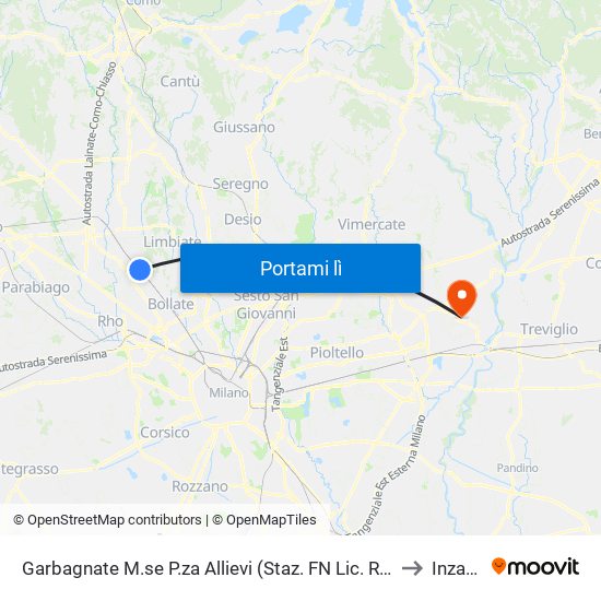 Garbagnate M.se P.za Allievi (Staz. FN  Lic. Russel) to Inzago map