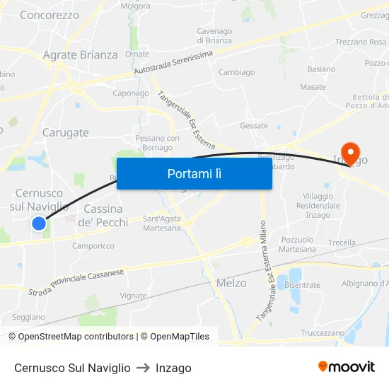 Cernusco Sul Naviglio to Inzago map