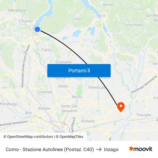 Como - Stazione Autolinee (Postaz. C40) to Inzago map