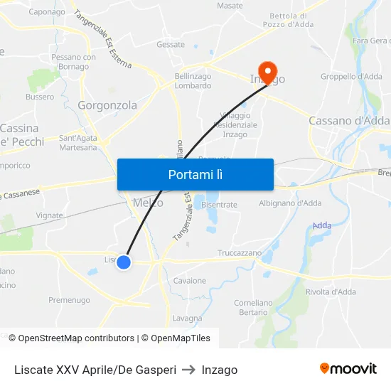 Liscate XXV Aprile/De Gasperi to Inzago map