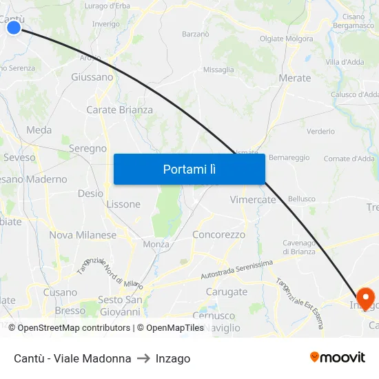 Cantù - Viale Madonna to Inzago map