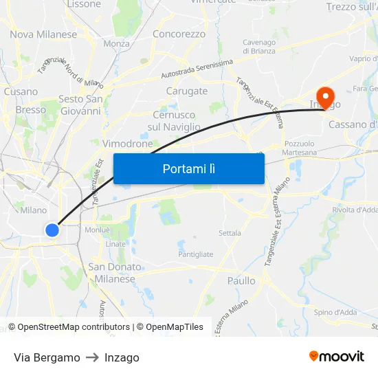 Via Bergamo to Inzago map