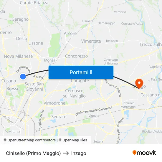 Cinisello (Primo Maggio) to Inzago map