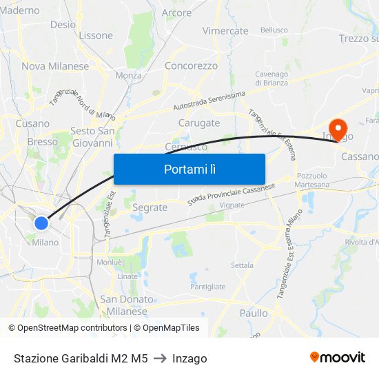 Stazione Garibaldi M2 M5 to Inzago map