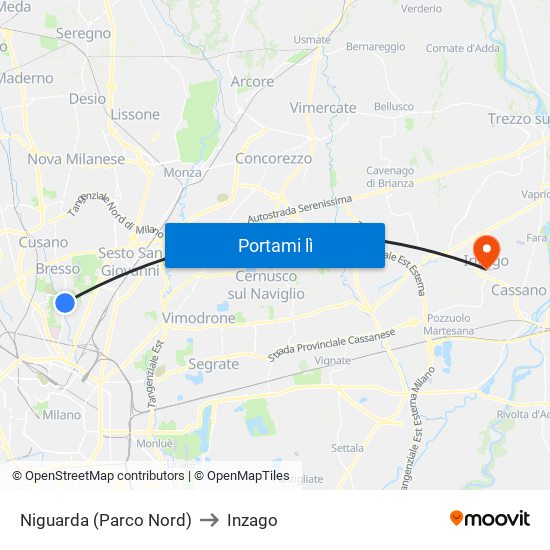 Niguarda (Parco Nord) to Inzago map