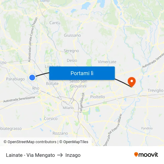 Lainate - Via Mengato to Inzago map