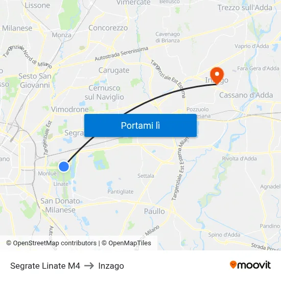 Segrate Linate M4 to Inzago map
