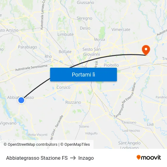 Abbiategrasso Stazione FS to Inzago map