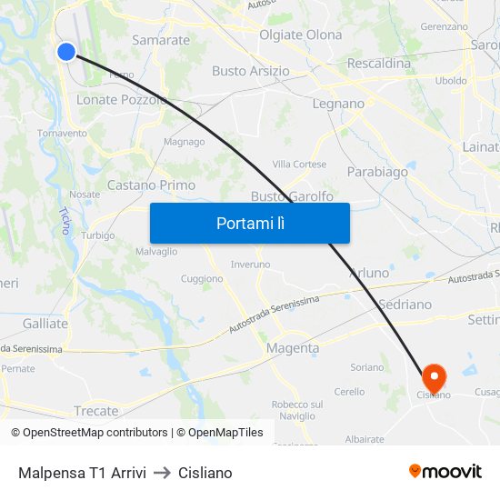 Malpensa T1 Arrivi to Cisliano map