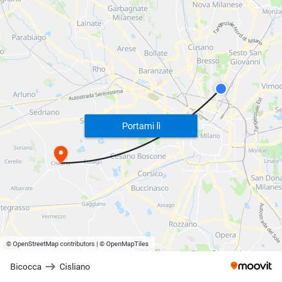 Bicocca to Cisliano map