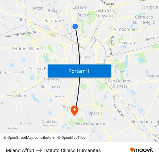 Milano Affori to Istituto Clinico Humanitas map