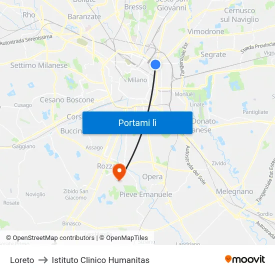 Loreto to Istituto Clinico Humanitas map