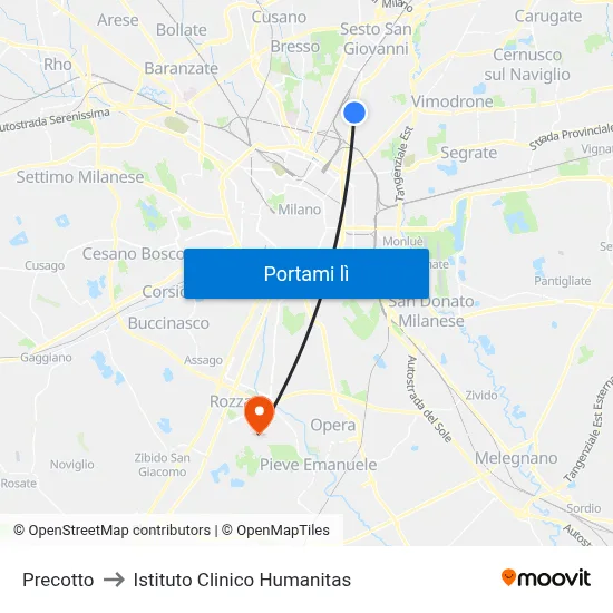 Precotto to Istituto Clinico Humanitas map