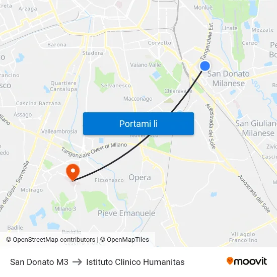 San Donato M3 to Istituto Clinico Humanitas map