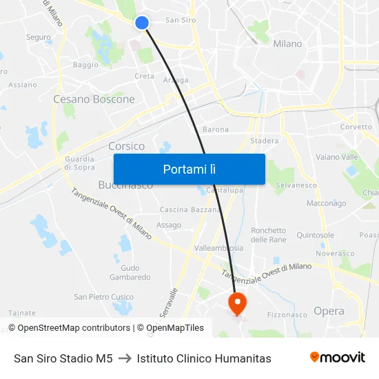 San Siro Stadio M5 to Istituto Clinico Humanitas map