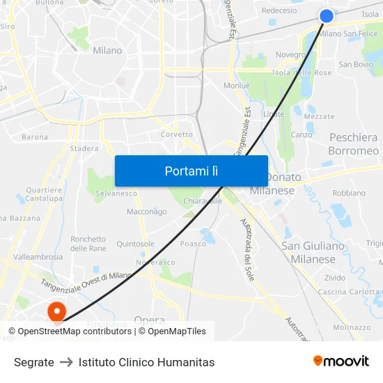 Segrate to Istituto Clinico Humanitas map